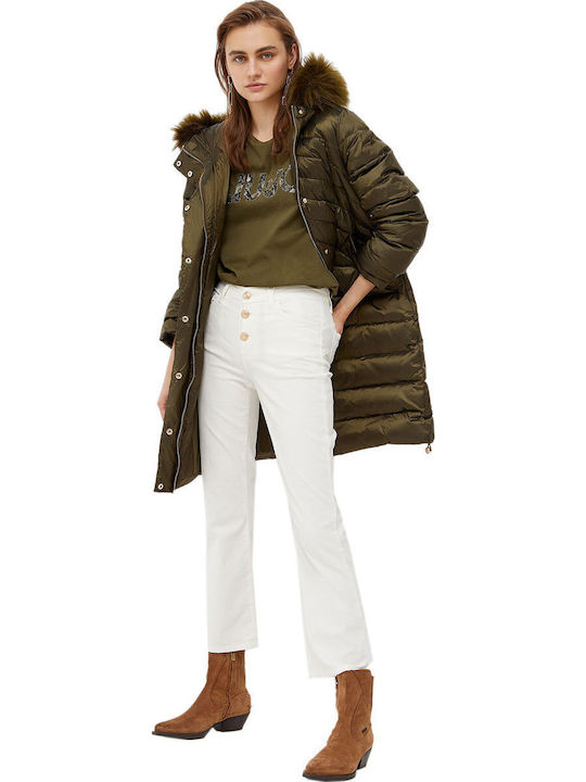 Women's Long Puffer Jacket for Winter with Hood Khaki