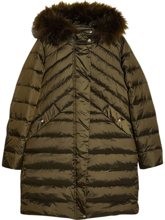 Women's Long Puffer Jacket for Winter with Hood Khaki