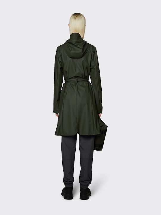 Rains Curve Women's Long Lifestyle Jacket Waterproof for Winter with Hood Khaki 18130-03