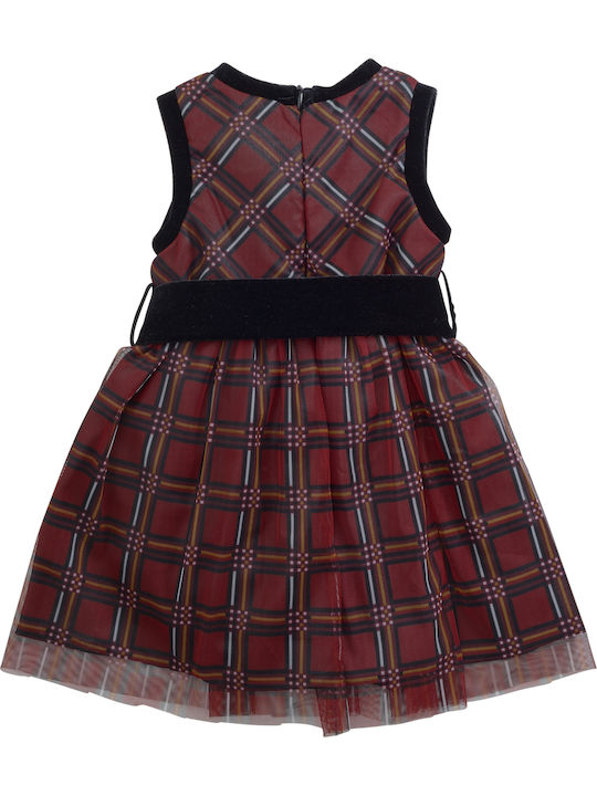 Babylon Kids Dress Velvet Checked Sleeveless Burgundy