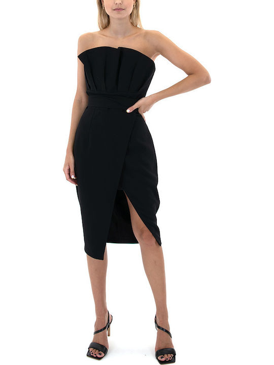 Midi Φόρεμα για Γάμο / Βάπτιση Strapless Μαύρο
