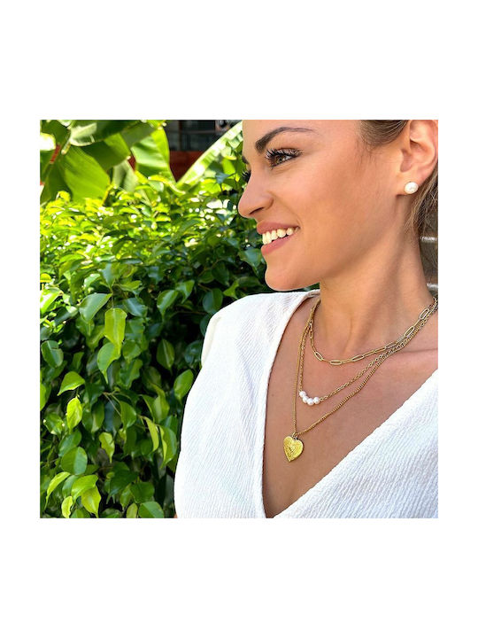 Amor Amor Halskette Dreifach mit Design Herz aus Vergoldet Stahl mit Perlen