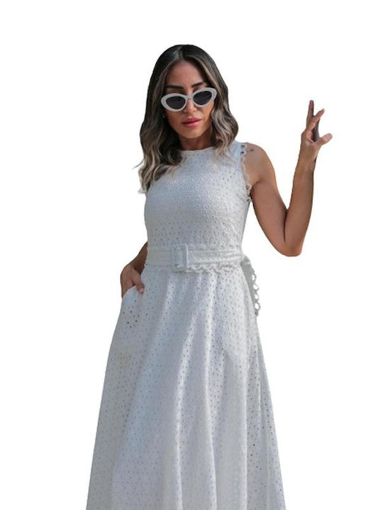 WOMEN'S LACE DRESS MIDI WHITE WITH BELT 14324-001