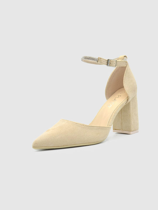 Joya Suede Pointed Toe Beige Heels with Strap