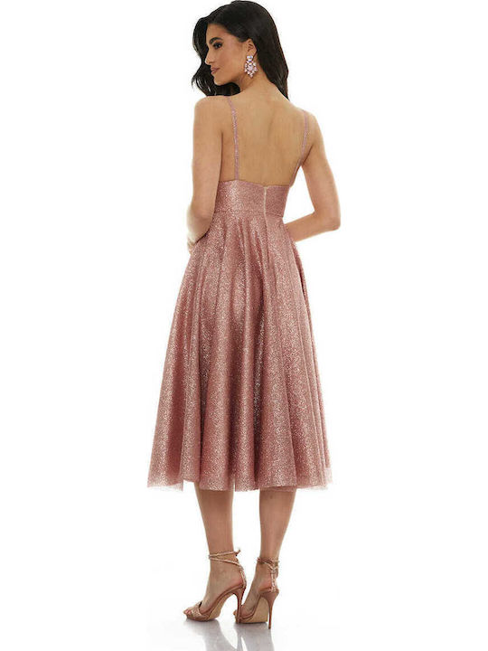 Rochie Midi Pentru Nuntă / Botez Satin Roz