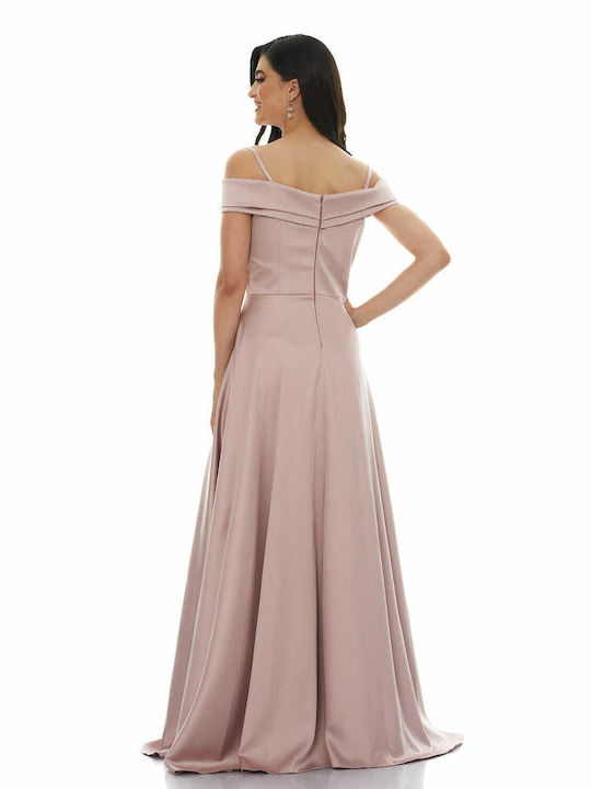 RichgirlBoudoir Sommer Maxi Kleid für Hochzeit / Taufe Satin Schulterfrei Rosa