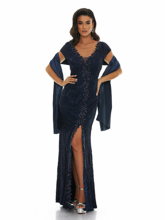 RichgirlBoudoir Maxi Φόρεμα για Γάμο / Βάπτιση με Δαντέλα Navy Μπλε