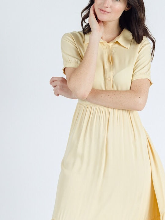 Cuca Summer All Day Short Sleeve Mini Dress with Collar Yellow