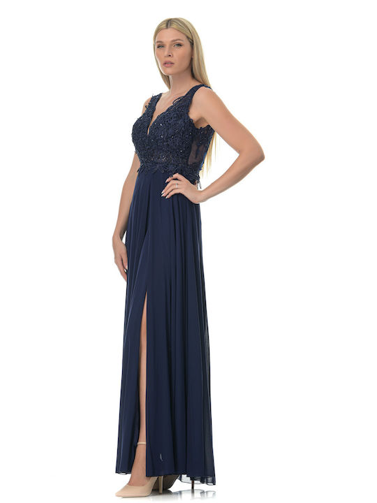 Farmaki Maxi Kleid für Hochzeit / Taufe mit Spitze Marineblau