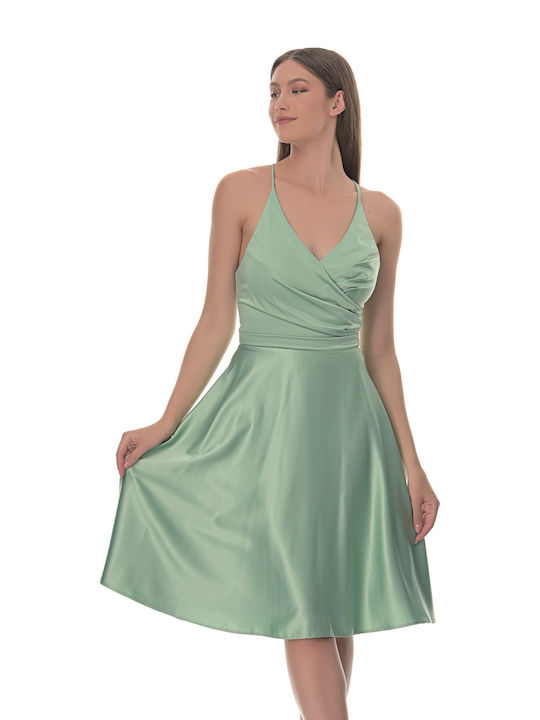 Farmaki Summer Mini Dress for Wedding / Baptism Satin Green