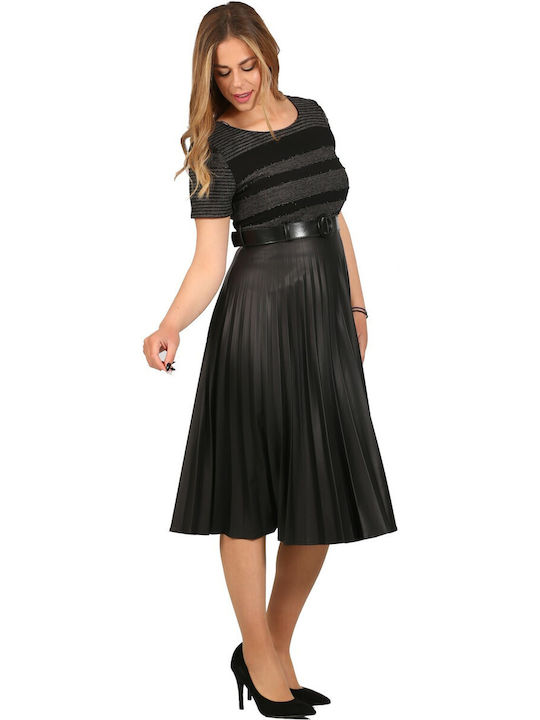 Derpouli Καλοκαιρινό Midi Φόρεμα Δερμάτινο Μαύρο