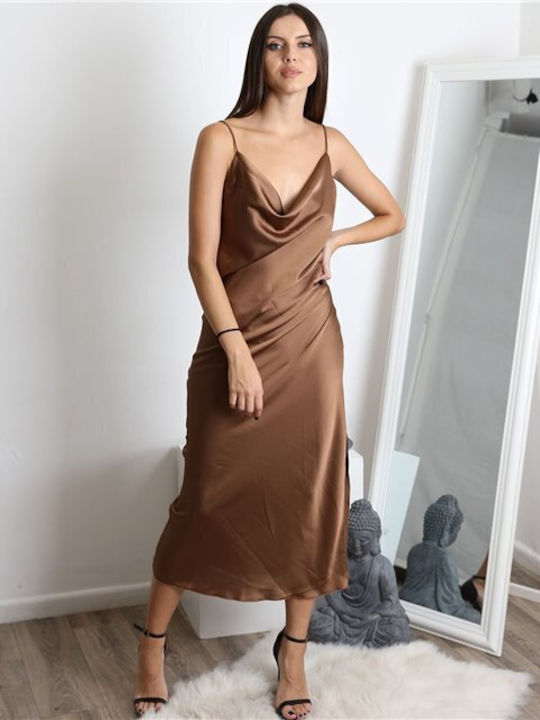 Chica Midi Evening Dress Slip Dress Satin Draped Brown