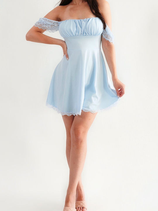 DOT Summer Mini Evening Dress with Lace Light Blue