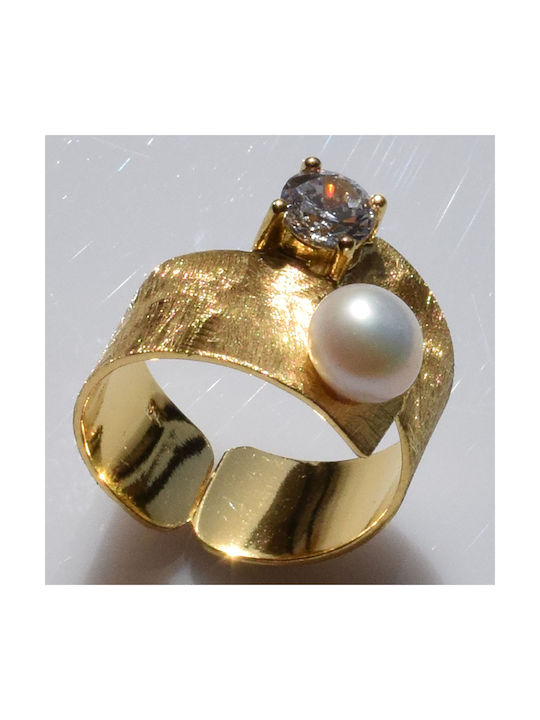 Bizoutaki Women's Gold Plated Silver Ring with Pearl & Zircon