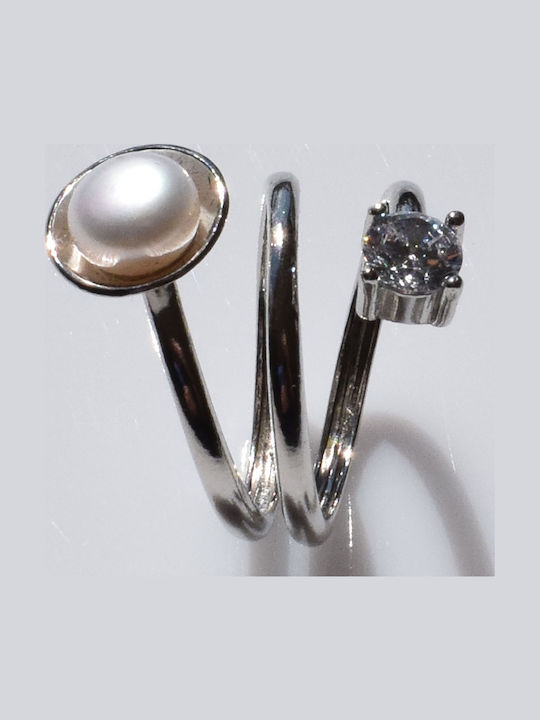 Bizoutaki Ring with Pearls & Zircon made of Silver