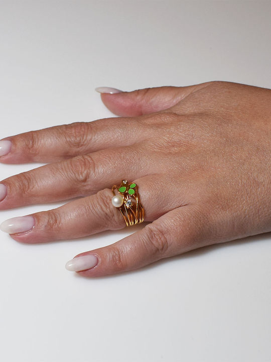 Bizoutaki Ring with Pearls, Zircon & Enamel made of Silver Gold Plated