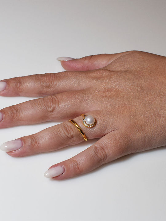 Bizoutaki Ring with Pearls & Zircon made of Silver Gold Plated