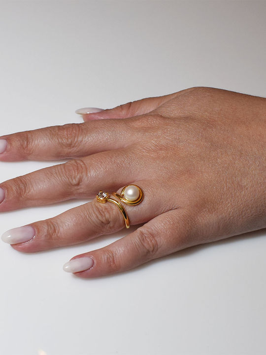 Bizoutaki Ring with Pearls & Zircon made of Silver Gold Plated