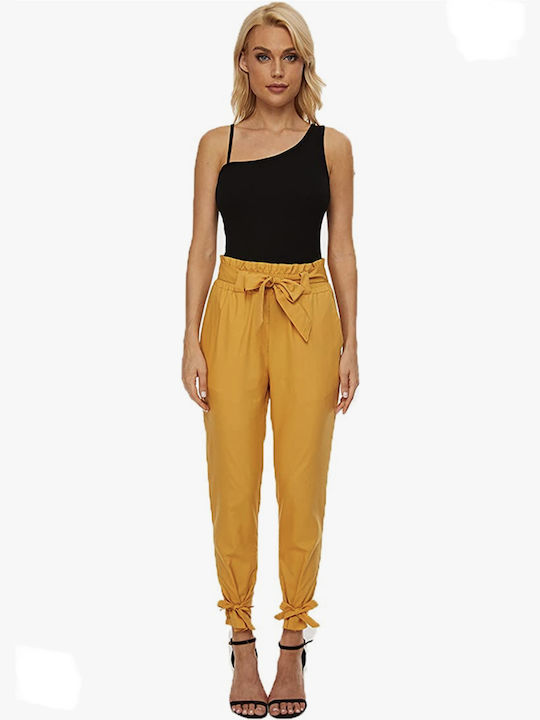 HIGH WAIST PAPERBAG TROUSERS WITH POCKETS & BELT - WAIST & BOTTOM TIES - YELLOW MUSTARD