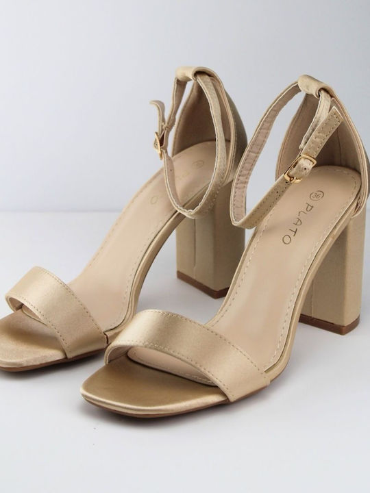 Plato Fabric Women's Sandals with Ankle Strap Beige with Chunky High Heel LT2228