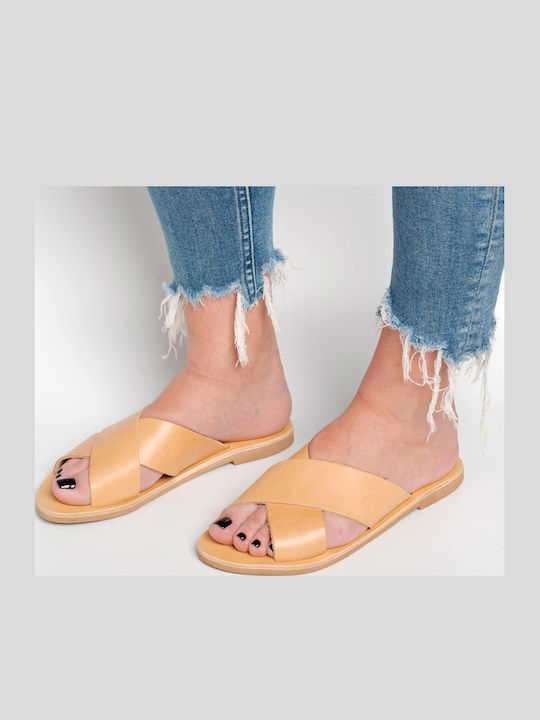 Leather Women's Flat Sandals in Beige Color