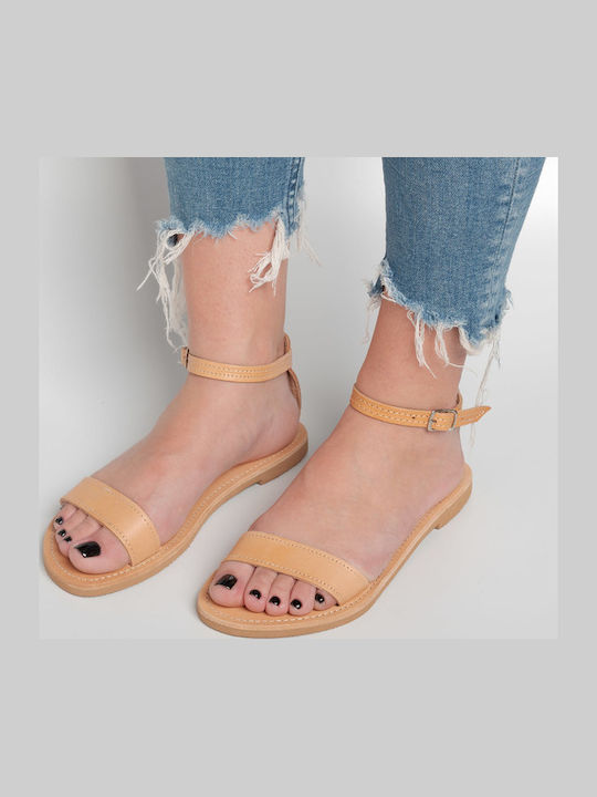 Leather Women's Flat Sandals with Strap in Beige Color