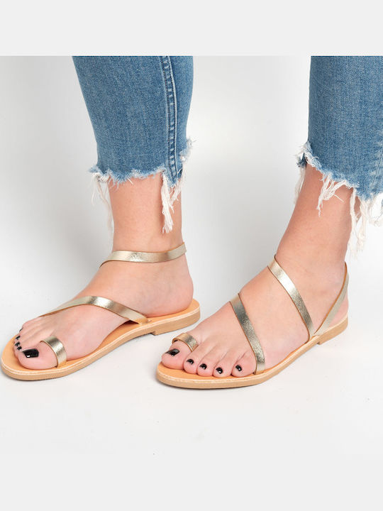 Leather Women's Flat Sandals in Gold Color
