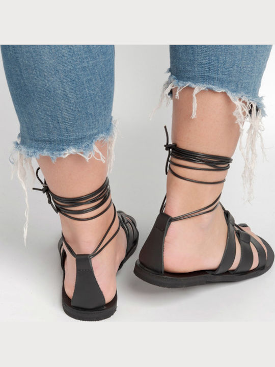 Leather Women's Flat Sandals in Black Color