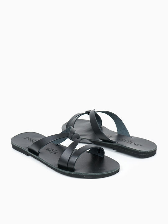 Leather Women's Flat Sandals in Black Color