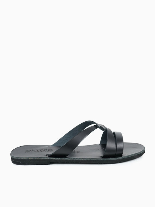 Leather Women's Flat Sandals in Black Color
