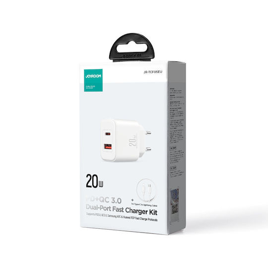 Joyroom Mobile Phone Charger with USB-A and USB-C Output Ports and USB-C - Lightning Cable 20W Power Delivery / Quick Charge 3.0 White