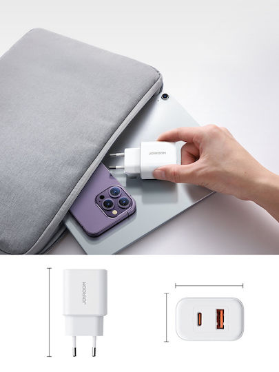 Joyroom Mobile Phone Charger with USB-A and USB-C Output Ports and USB-C - Lightning Cable 20W Power Delivery / Quick Charge 3.0 White