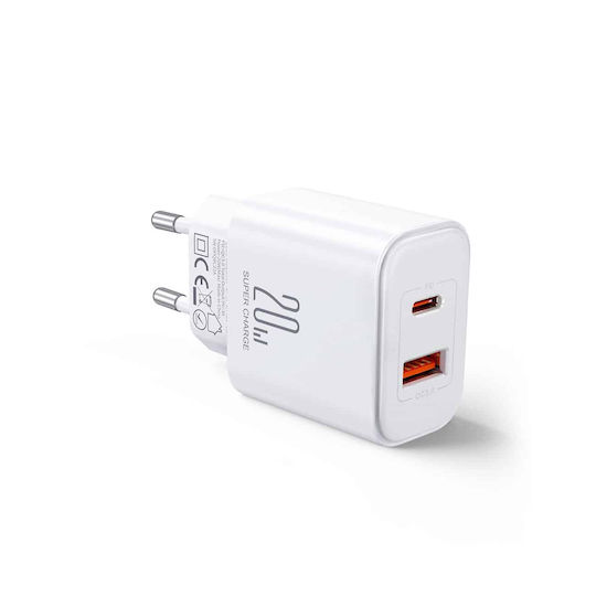 Joyroom Mobile Phone Charger with USB-A and USB-C Output Ports and USB-C - Lightning Cable 20W Power Delivery / Quick Charge 3.0 White