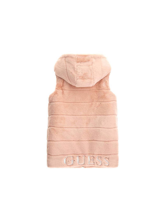 Guess Girls Fur Coat Pink Sleeveless with Ηood