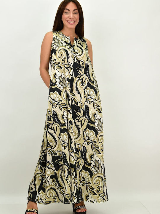 Potre Лятно All Day Sleeveless Maxi Dress with V Neck Beige Print