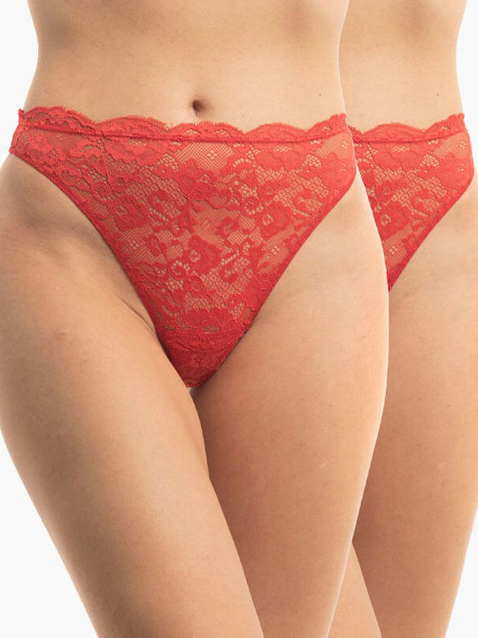 A.A UNDERWEAR Cotton Women's String 2Pack with Lace Red