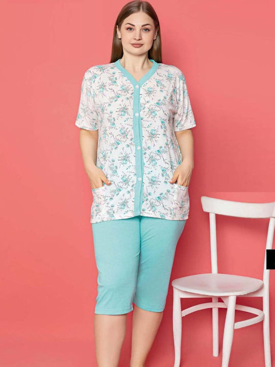 Asel Sommer Damen Pyjama-Set Baumwolle Türkis