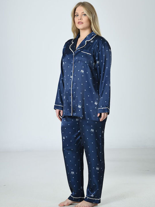 Vienetta Secret Winter Damen Pyjama-Set Satin Blau