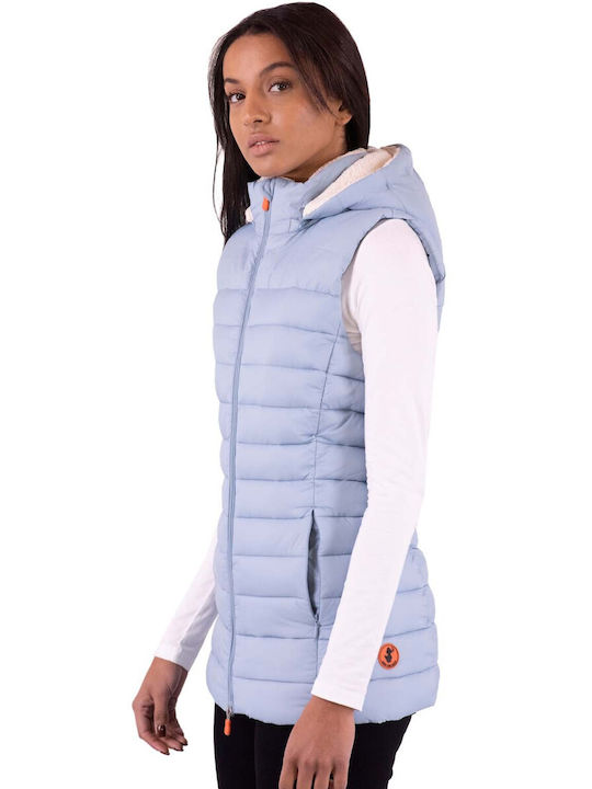 Save The Duck Women's Long Puffer Jacket for Winter with Hood Light Blue