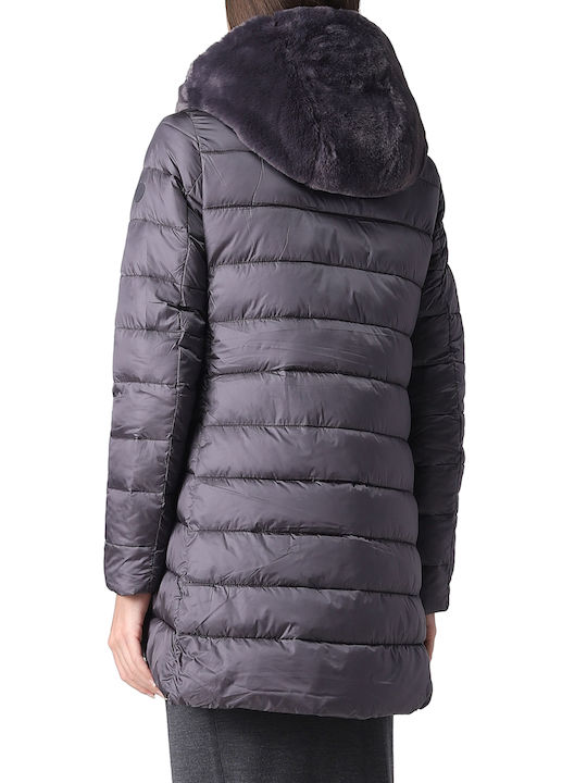 Save The Duck Women's Long Puffer Jacket for Winter with Hood Gray