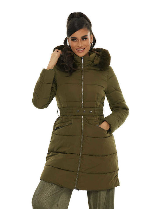 RichgirlBoudoir Lang Damen Puffer Jacke mit pelziger Kapuze für Winter Khaki