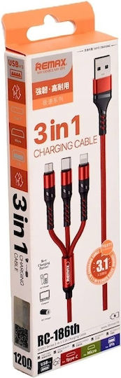 Remax RC-186th Braided USB to Lightning / Type-C / micro USB Cable 3.1A Κόκκινο 1.2m