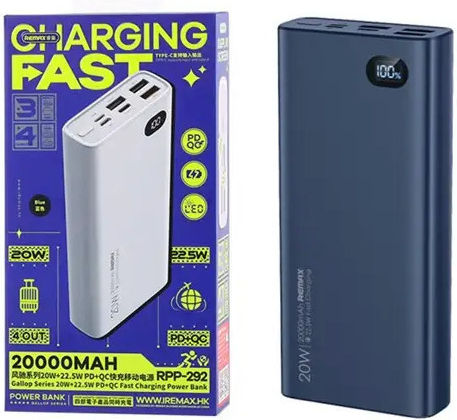 Remax RPP-292 Power Bank 20000mAh 22.5W με 3 Θύρες USB-A και Θύρα USB-C Power Delivery / Quick Charge 3.0 Μπλε