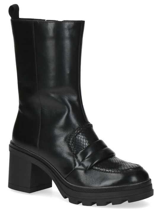 Caprice Leather Women's Ankle Boots with High Heel & Fur Black