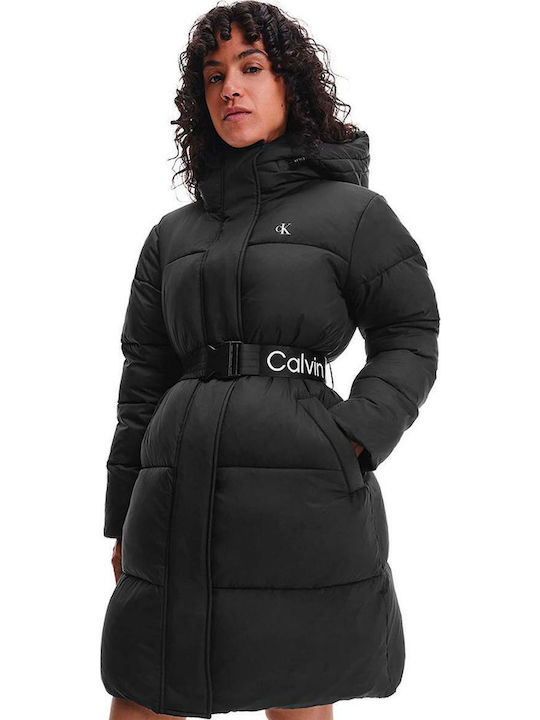 Women's Long Puffer Jacket for Spring or Autumn with Hood Black