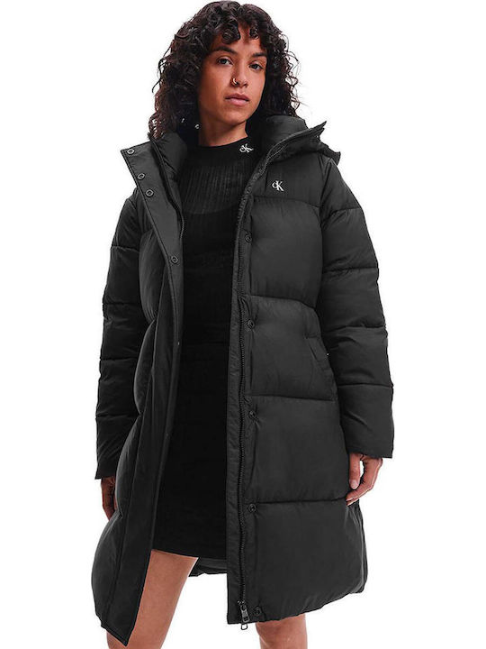Women's Long Puffer Jacket for Spring or Autumn with Hood Black