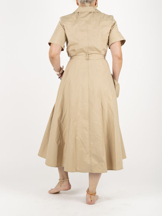 Sommer Midi Hemdkleid Kurzärmelig Beige