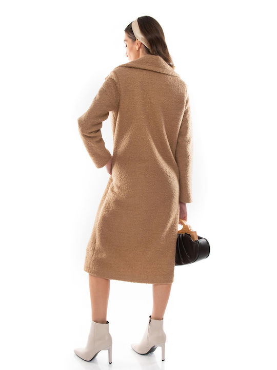 Raffaella Collection Women's Curly Midi Coat with Buttons Brown