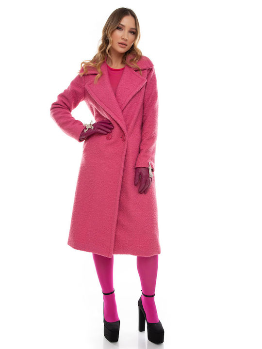 Raffaella Collection Women's Curly Midi Coat with Buttons Pink