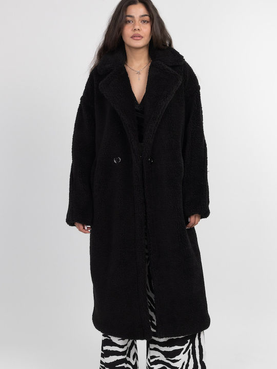 Γυναικείο Μαύρο Παλτό Oversized Teddy με Κουμπιά